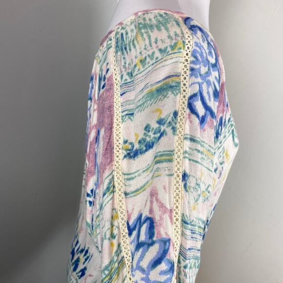 O'Neill Pastel Watercolor Floral Tie Front Boho Scoop Neck Peasant Blouse XL - Picture 7 of 8